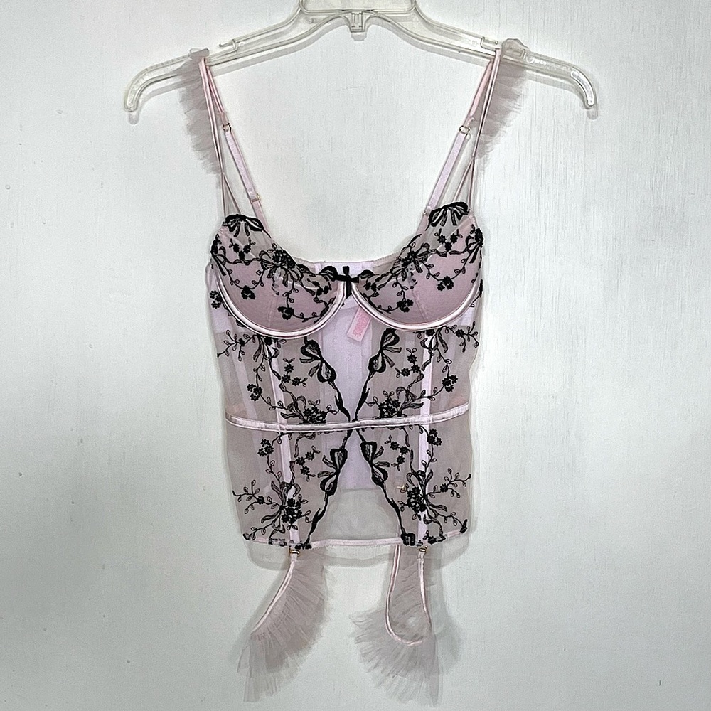 VICTORIA'S Secret Pink Corset Black Lace Underwire Mesh Adjustable Straps Sz 34C